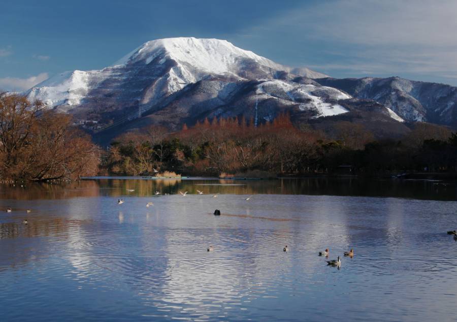 三島池望むから雪化粧の伊吹山　撮影：Taisei Ichien